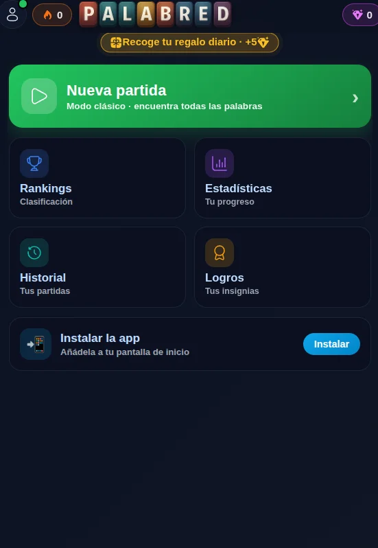 Pantalla de inicio de Palabred