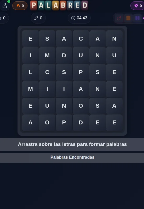 Partida de Palabred: cuadrícula de letras